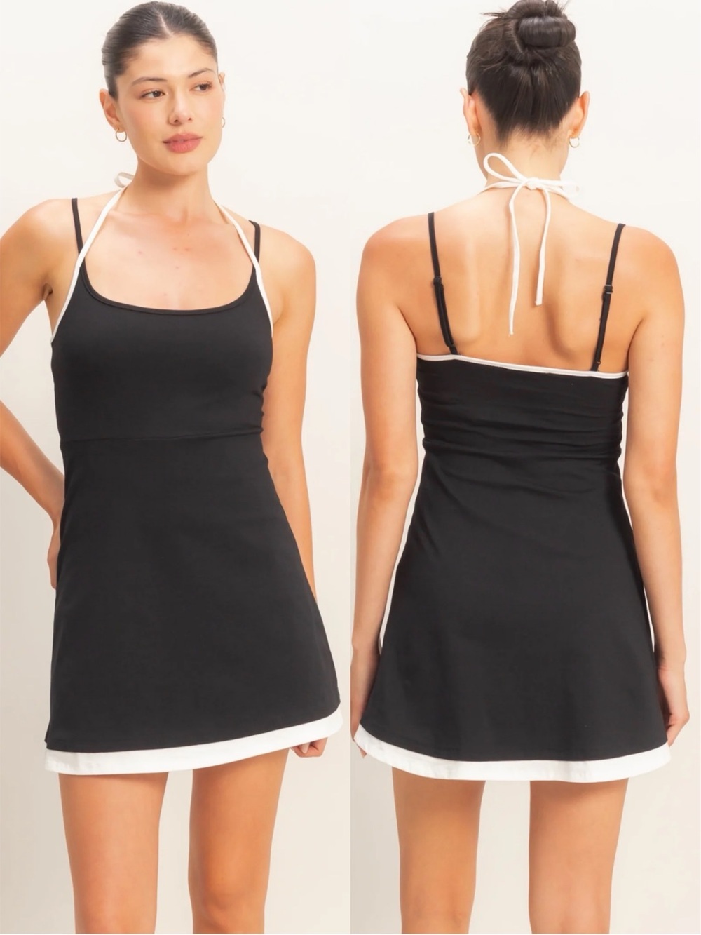 HYFVE Black Contrast Trim Mini Dress Built-In Shorts Halter Athletic Size Small